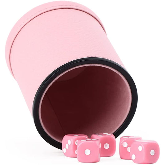Pink Party Leather Dice Cup with 5 Matching Pink Dice - Pink Velvet Interior for Quiet Swings - Cheetah Dice for Fakir Yahtzee Board Game