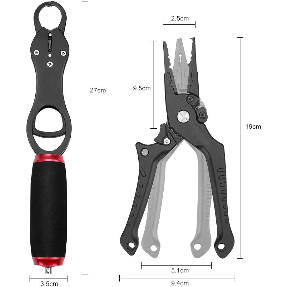 Fishing pliers, fish grip and reel keychain set, fishing pliers with lock function, line cutter included, safety rope included, rust proof, 4 pieces