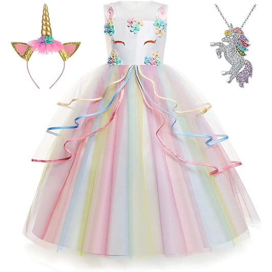 [Heywood] Yipkorra Girls Unicorn Dress Unicorn Costume Pageant Princess Party Birthday Long Dress with Headband and Necklace (Multicolor, 140 6-7 Years)