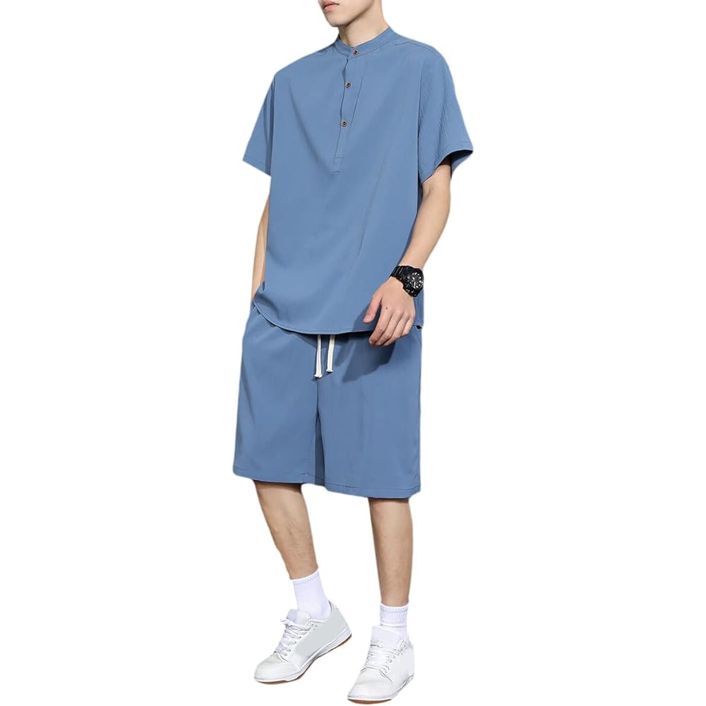 [Mirror You] Men's Jersey, Top and Bottom Set, Short Sleeve T-Shirt, Half-length Pants, Summer, Loose, Japanese Style, Plain