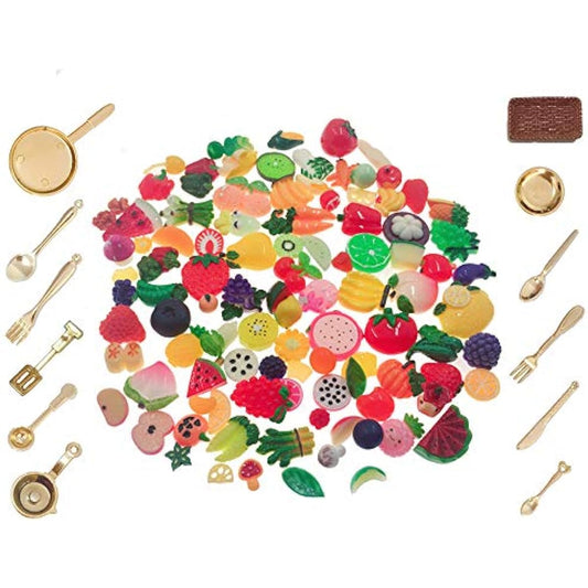 (Fruit Vegetable Decoration Kit Sets) - SIX VANKA Miniature 112pcs Mixed Decoration Cute Resin Food Fruit & Vegetable Kitchenware Tableware Kit Set for DIY Phone Case Nail Art Birthday Party Kitchen Doll House