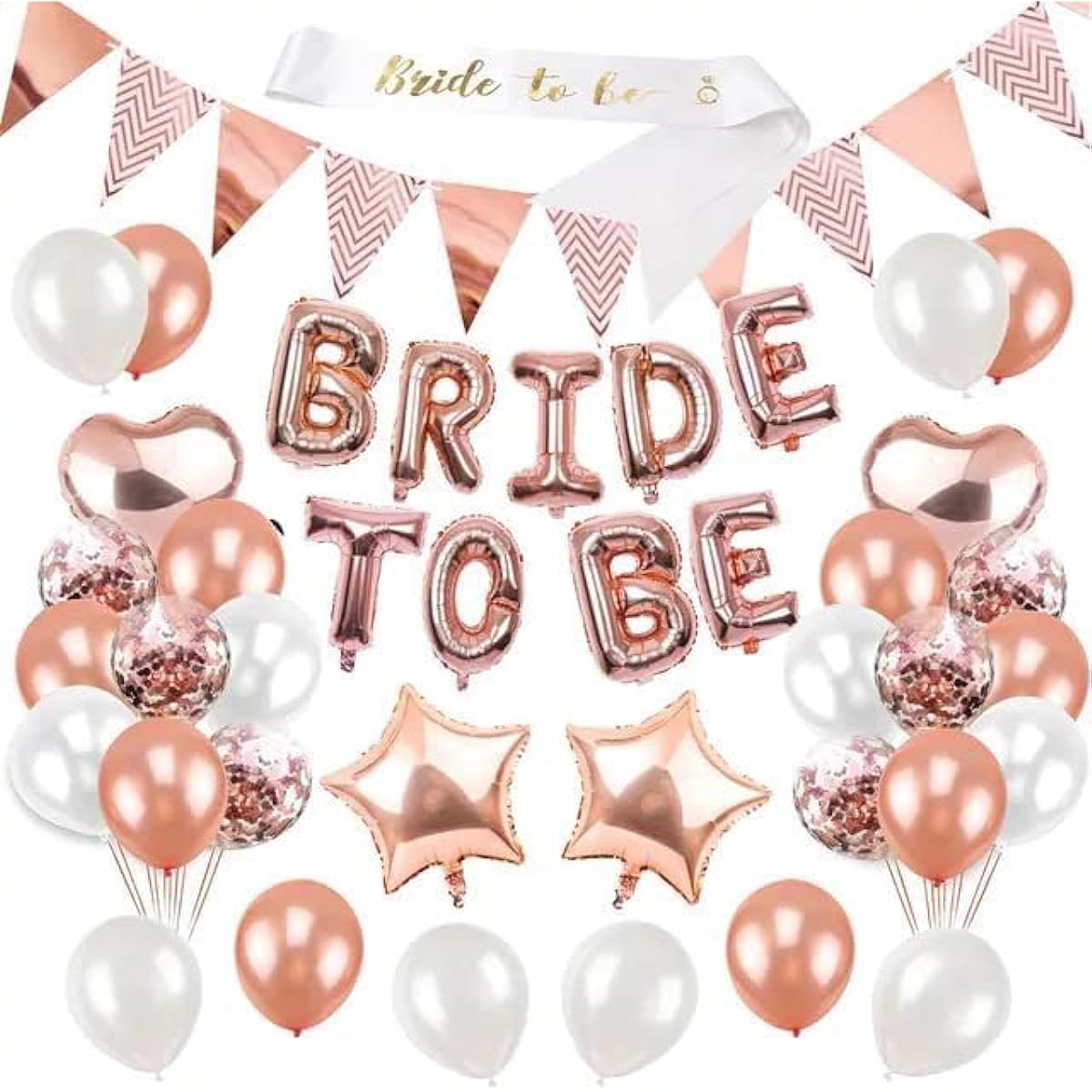 BINQOO Bride to Be Bachelorette Party Kit Rose Gold Banner Miss to Mrs Foil Balloons Bride to Be Sash White Confetti Balloons for Bridal Shower Engagement Wedding Party Decorations Set (Rose Gold)