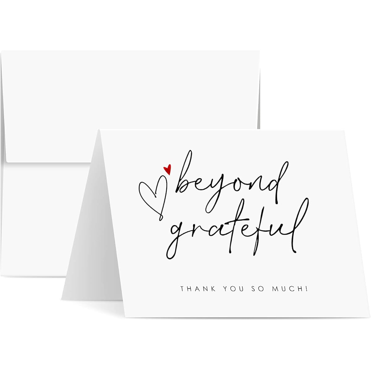 Beyond Grateful Thank You So Very Much Cards with Small Red Hearts, Elegant Foldover Greetings for Weddings, Christmas, Valentines, Bridal Showers, Anniversaries, Blank Inside, 4.25 x 5.5 Inches, 10 per Pack