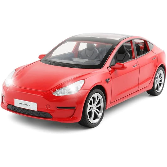 1/24 Diecast Model 3 Toy Car Alloy Casting Pull Back Collectible Car with Sound and Light 6 Open Doors Tesla Big Model 3 Car Model Toy Gift for Kids Adults