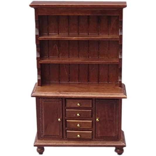 1:12 Scale Miniature Cupboard Bookcase Classic Wooden Mini Storage Hutch Kitchen Dollhouse Bookshelf Wooden Cabinet 1:12 Furniture Display Showcase Decoration Sideboard Accessories (Walnut Color)