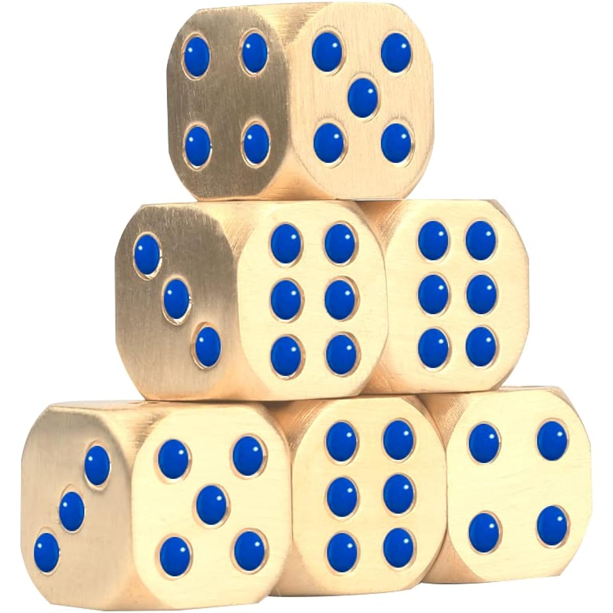 CKLT 6 Sided Metal Brass Dice with Blue Pips, Table Board Game Dice, 6 Pieces Solid Gift Brass Dice Tabletop Game Set for Poker Party Games