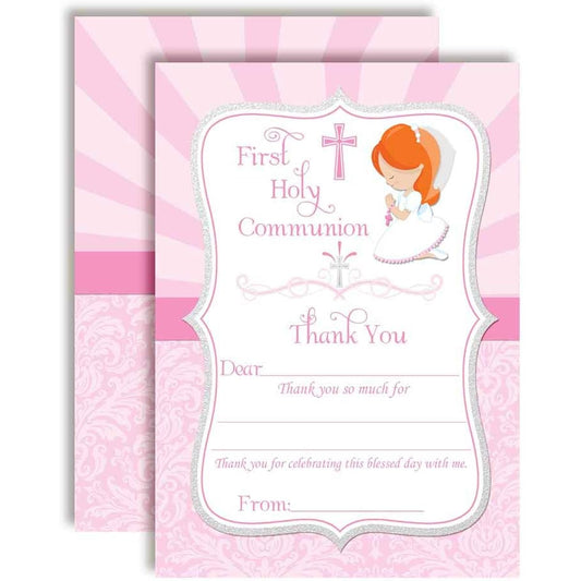 AmandaCreation First Communion Religious Thank You Cards for Girls (Light Skin, Red Hair) 10 4" x 5.5" Blank Cards with 10 White Envelopes
