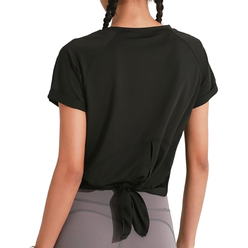 [and-L] Women's Yoga Wear, Tops, Short Sleeve T-Shirt, Yoga Shirt, Open Back, Sports, Fitness, Gym, Dance, Sweat Absorbent, Quick Drying, Body Covering, Open Back, Bowknot