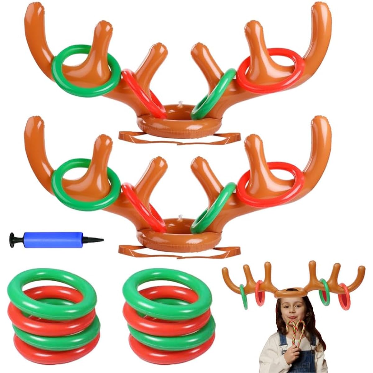 GemDeck Inflatable Reindeer Antlers Hat Ring Toss Game Christmas Party Games Headband Party Decorations Family Games for Classroom Indoor 2 Antlers & 1 8 Rings 1 Inflator