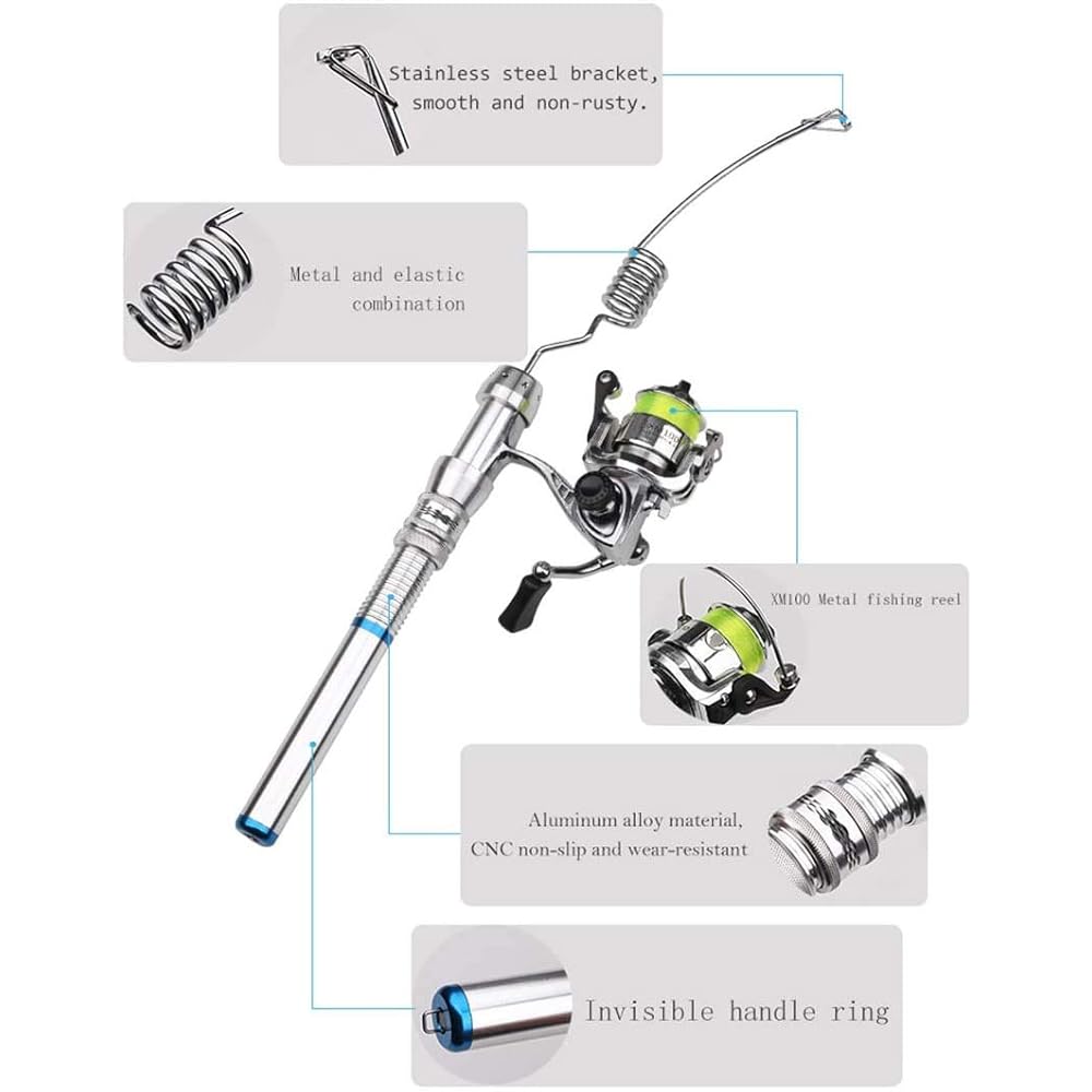 Earth Radius Mini 6 Coil Stainless Elastic Rod, Fishing Rod and Reel Combo, Small Spinning Wheel Aluminum Alloy Handle Fishing Rod for River, Lake, Reservoir, Ice Fishing, etc.