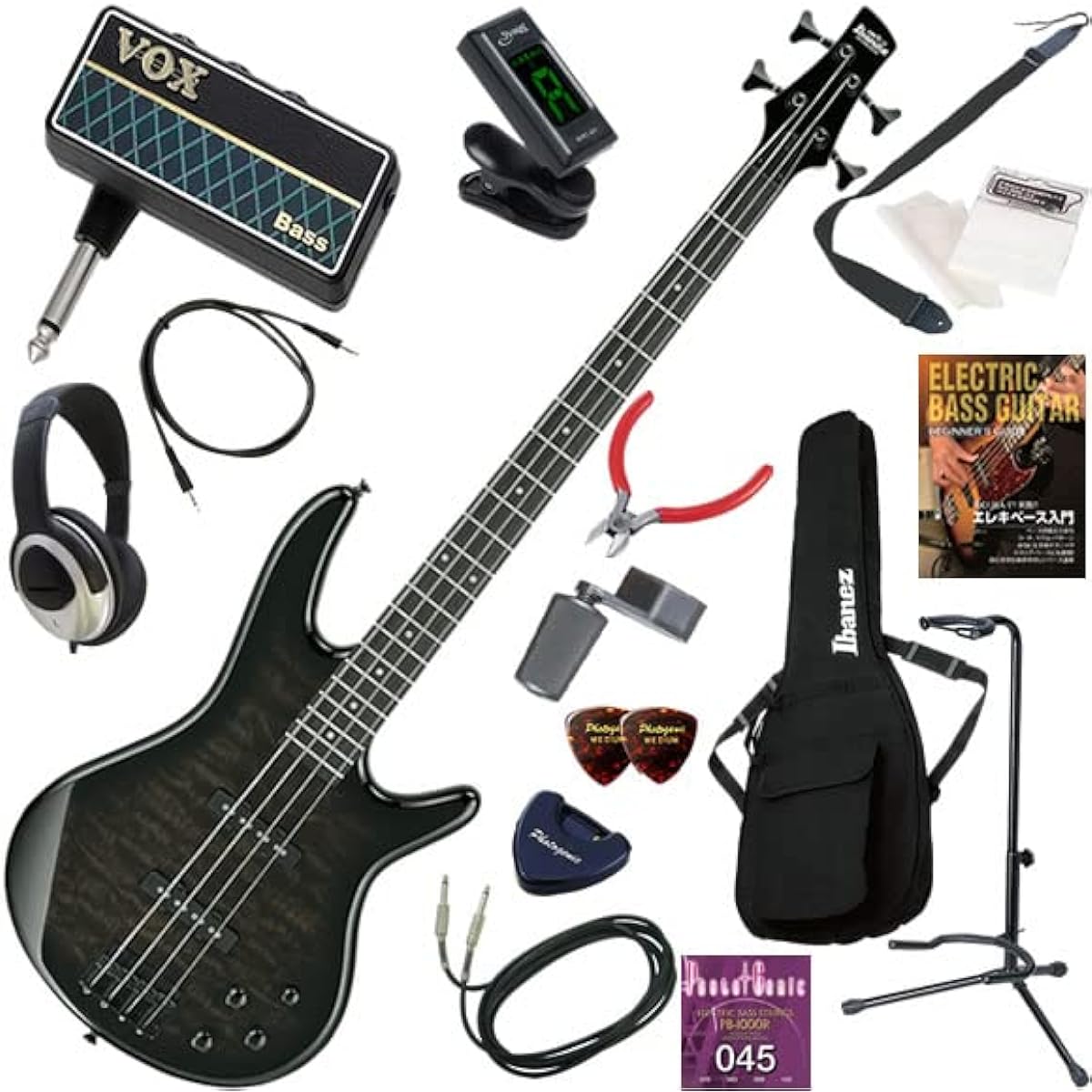 Ibanez Electric Bass Beginner's Guide GIO Series 16-piece set including headphone bass amplifier amPlug2 GSR280QA/TKS (Transparent Black Sunburst)
