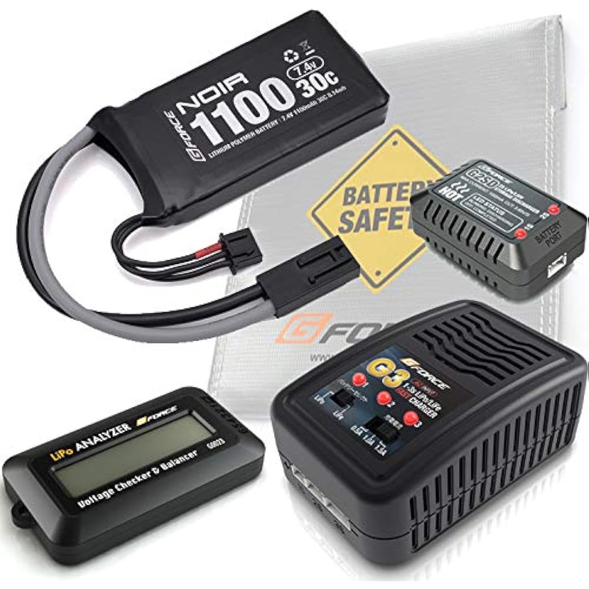 G FORCE Noir LiPo 7.4V 1100mAh Electric Gun PEQ Type LiPo Battery Full Set
