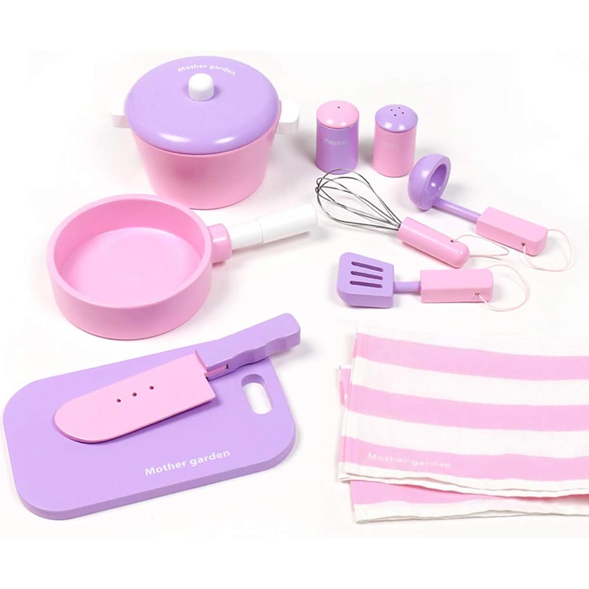 Mother Garden Pretend Play Wooden Simple Kitchen Tools + Ingredients [Toy Cooking Utensils 10 Pieces Pink & Pretend Play Ingredients 10 Piece Set] Boys Girls 3 Years Old Pretend Kitchen