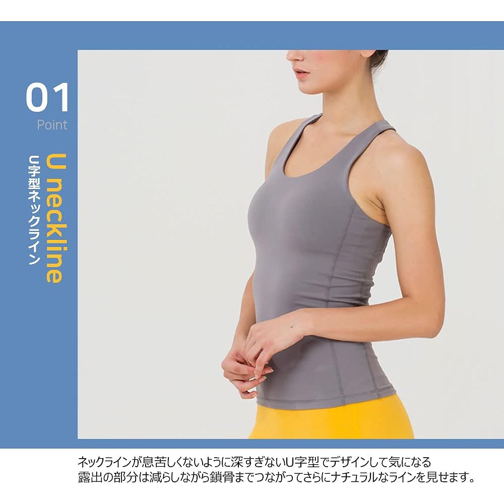[reinamora] Women's Tank Top with Pad, Support, Stretchy, Moisture Absorbent, Quick Drying, Functional, Yoga, Pilates, Gym, Training