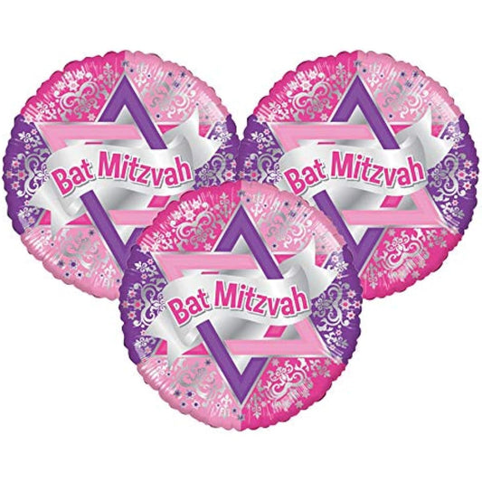 Anagram Bat Mitzvah Religious Pink 18" Foil Party Balloons, Set of 3