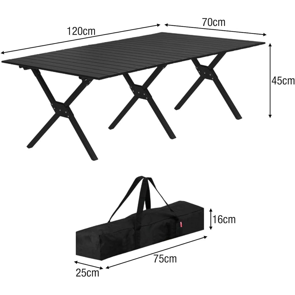 FIELDOOR Outdoor Table Aluminum Roll Table [Black] Width 120 x Depth 70 x Height 45cm Lightweight & Rust-resistant Aluminum Table Approx. 5.4kg Compact Foldable Storage Easy Assembly Storage Bag Included Low Table Interior Camping