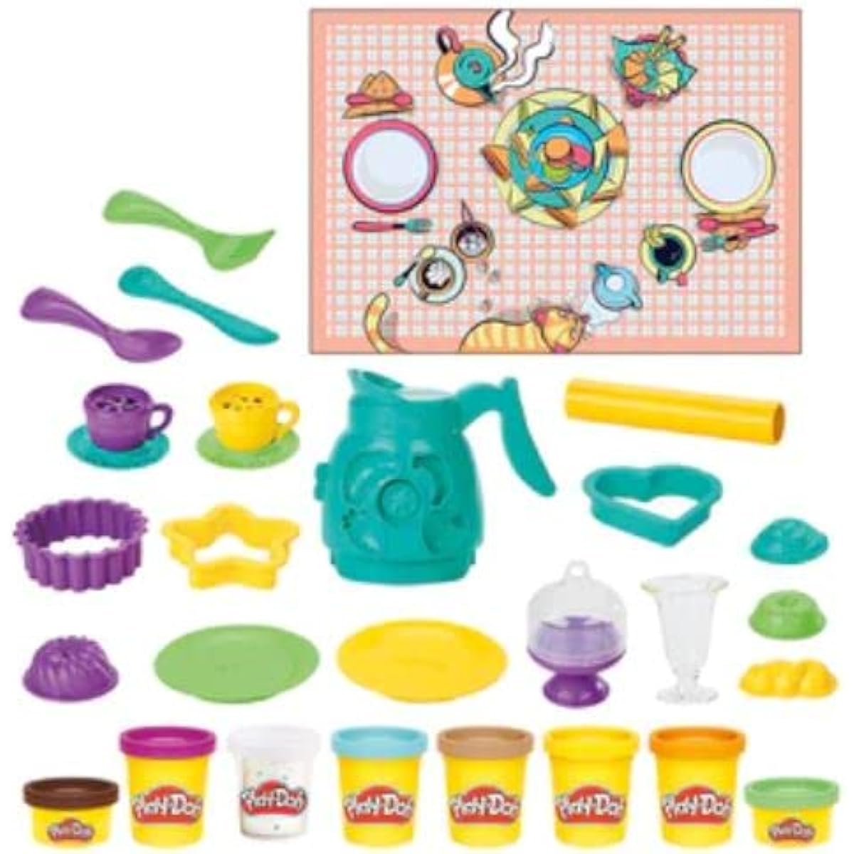 Play-Doh Kitchen Creations Coffee & Tea Party Playset, 8 Colors, Playmat, 15+ Tools