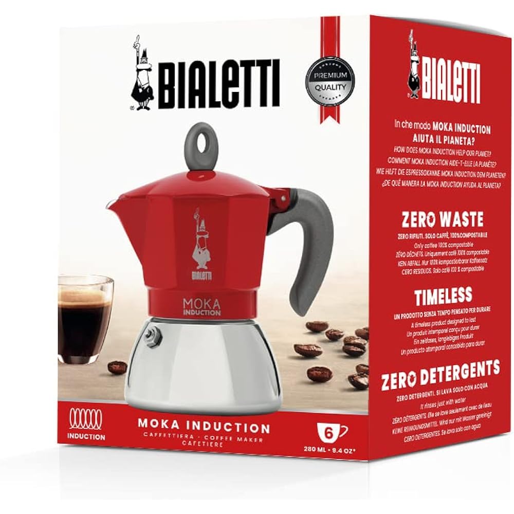 Bialetti Mocha Induction Red 4 Cups IH Compatible & Direct Fire Type (Coffee Maker Espresso Maker Macchinetta)