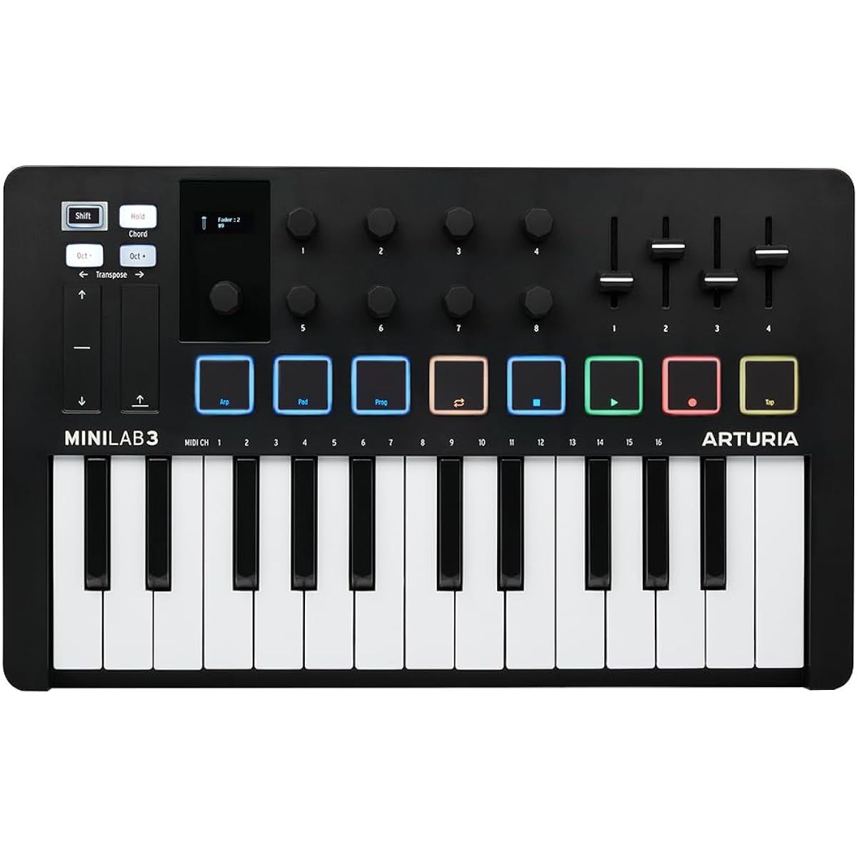 Arturia - MiniLab 3 - Universal MIDI controller for music production, with all-in-one software package - 25 buttons, 8 multicolor pads - Black