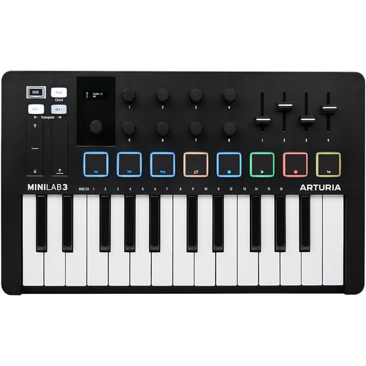 Arturia - MiniLab 3 - Universal MIDI controller for music production, with all-in-one software package - 25 buttons, 8 multicolor pads - Black