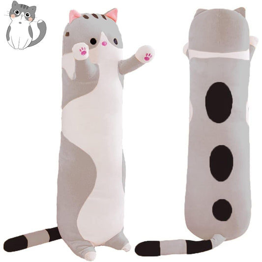 Anime Cat Soft Plush Long Throw Pillow Lifelike Animal Pillow Stuffed Animal (Grey, 110cm/43.30inch)