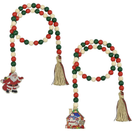 WISTART Christmas Wood Beads Garland Tassel Christmas Farmhouse Garland Green Jute Rope Plaid Tassel Christmas Ornament Tags Natural Rustic Wooden Beads Country Decor Grinch for Christmas Tree Christmas