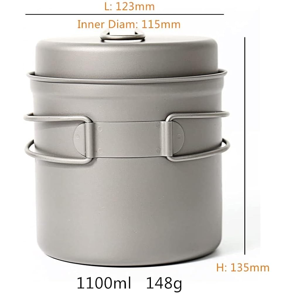 TOAKS Titanium Pot Titanium Camping Cookware Pot + Frying Pan Cooker Set Lightweight with Lid Folding Handle Storage Bag Included 1100ml/1300ml/1350ml/1600ml Outdoor/Camping/Barbecue/Climbing (CKW-1100)