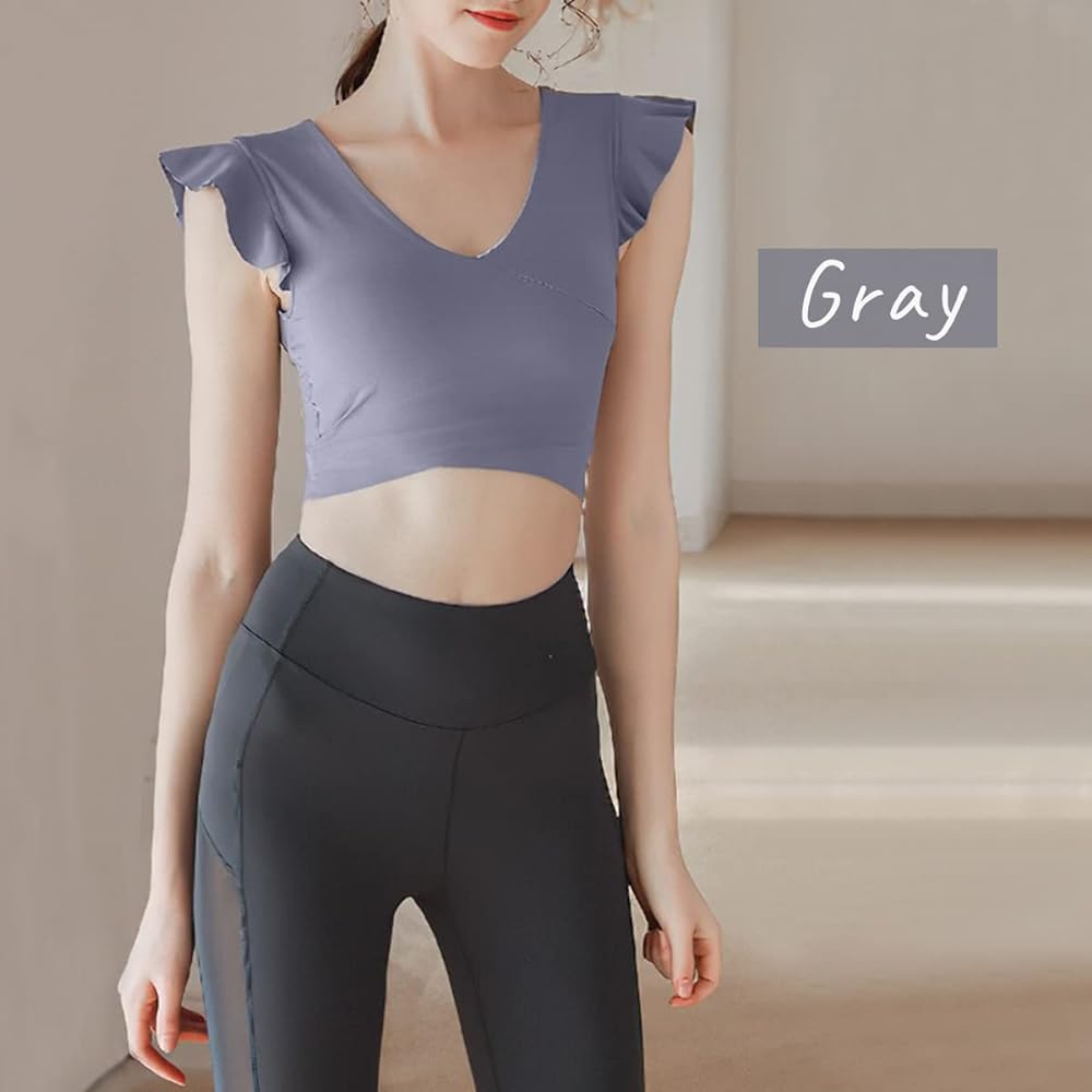 [VeroMan] Yoga Wear Tops with Cups, Short Sleeves, Cute, Ruffles, Short Length, Fitness, Ballet ppi-ssd12