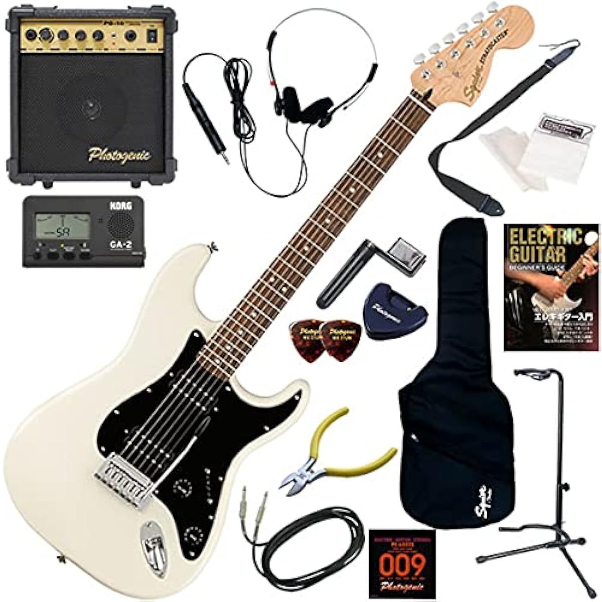 Squier Electric Guitar Beginner's Standard 15-Piece Set with 10W Amp Affinity Stratocaster HH/OW (Olympic White)
