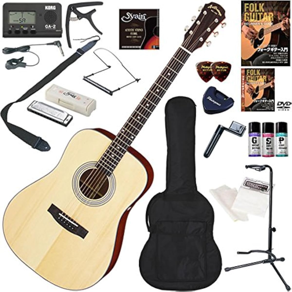 ARIA Acoustic Guitar Beginner's Set, the Ultimate 19-piece Set Including Harmonica, AD-211/NT (Natural)