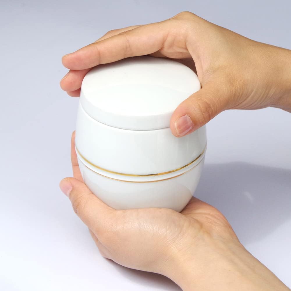 Arita porcelain urn for hand-held memorial services and ashes (urn), ashes container, white porcelain gold color ~ Hakujikinsai ~ Comes with a burial bag