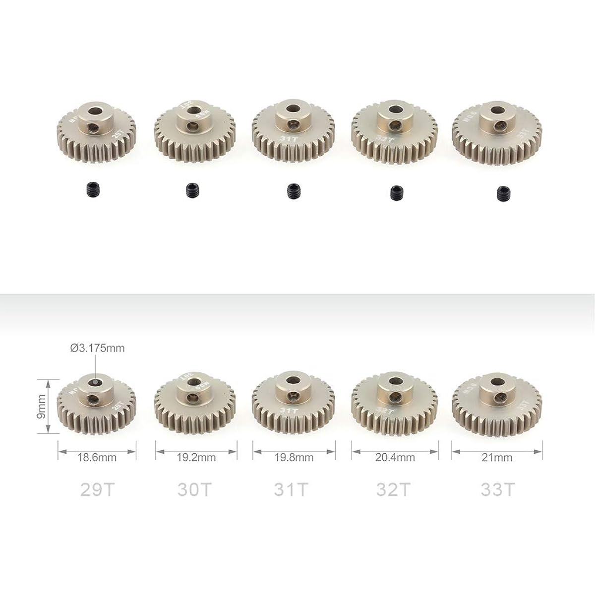 KingVal 5pcs Replacement Aluminum Pinion Motor Gear M0.6 29T 30T 31T 32T 3.175mm Compatible with 1/10 RC Car Brushless Motor