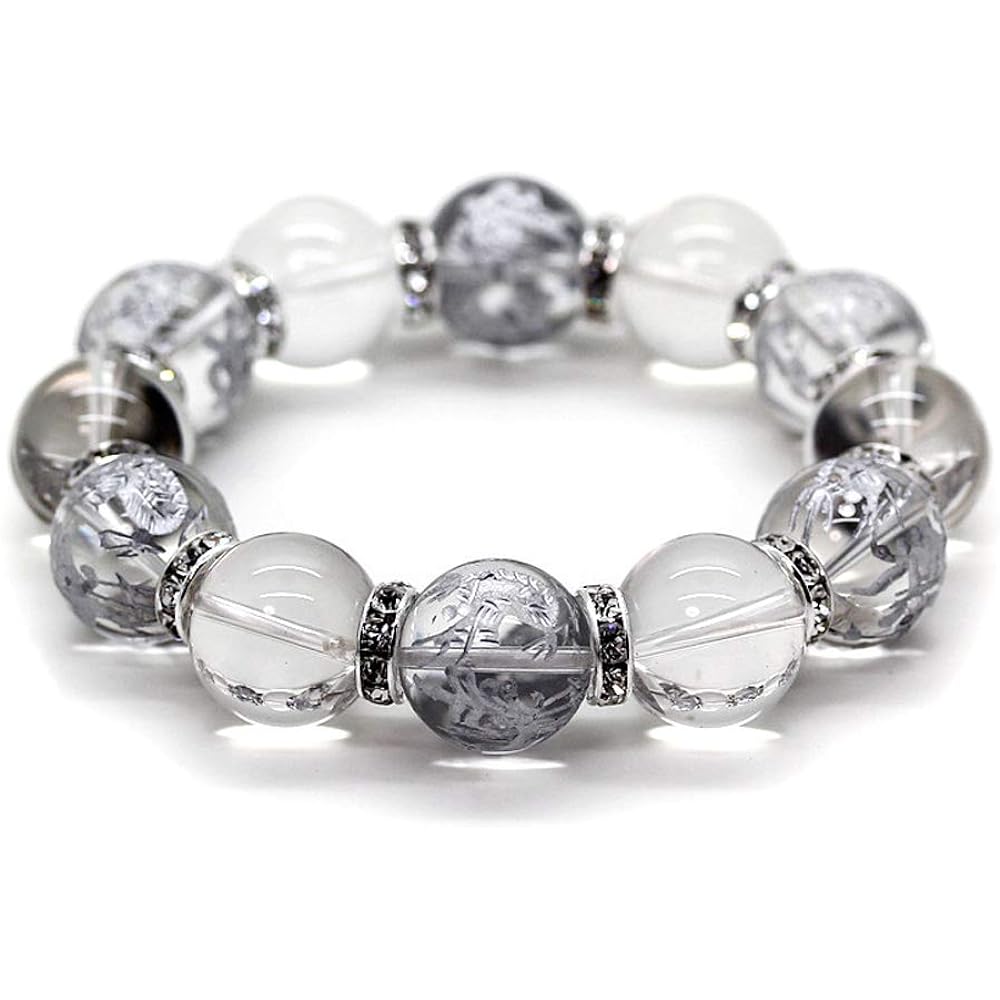 Sekiru Natural Stone Crystal 16mm Silver Engraved Four Divine Beasts Crystal 16mm Prayer Bead Bracelet Money Luck, Work Luck, Wealth Luck [b329]