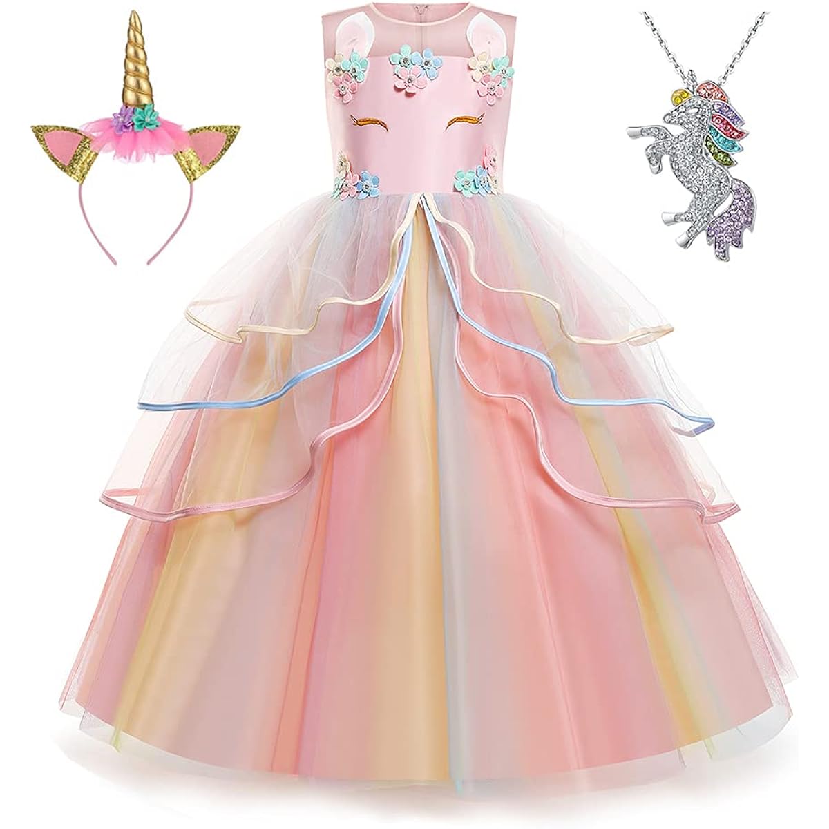 [Heywood] Yipkorra Girls Unicorn Dress Unicorn Costume Pageant Princess Party Birthday Long Dress with Headband and Necklace (Champagne, 130, 5-6 Years)