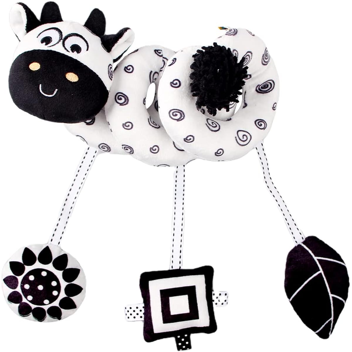 vocheer High Contrast Baby Toys Newborn Black and White Hanging Toys Car Seat Crib Moving Animal Circle Plush Stroller Toy Squeak Travel Activities Wind Chime 0-6 Months (Cow)