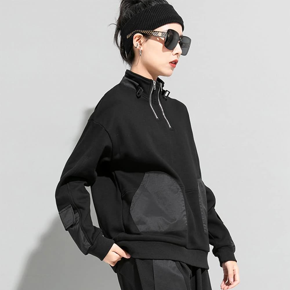 [Molineau] Pullover Sweatshirt, Women's Top, High Neck, Henley Neck, Different Materials, Switching, Zipper, Fashion, V Style, Mode Style, Streetwear, Spring, Autumn