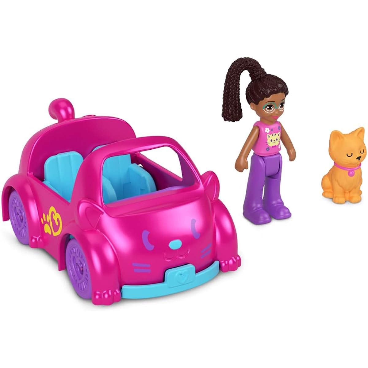 Polly Pocket Collectible Micro Mini Metal Vehicle Poseable Doll and Pet Set - Shani Doll Hot Pink Kitty Themed Convertible Car and Orange Cat Sidekick Playset