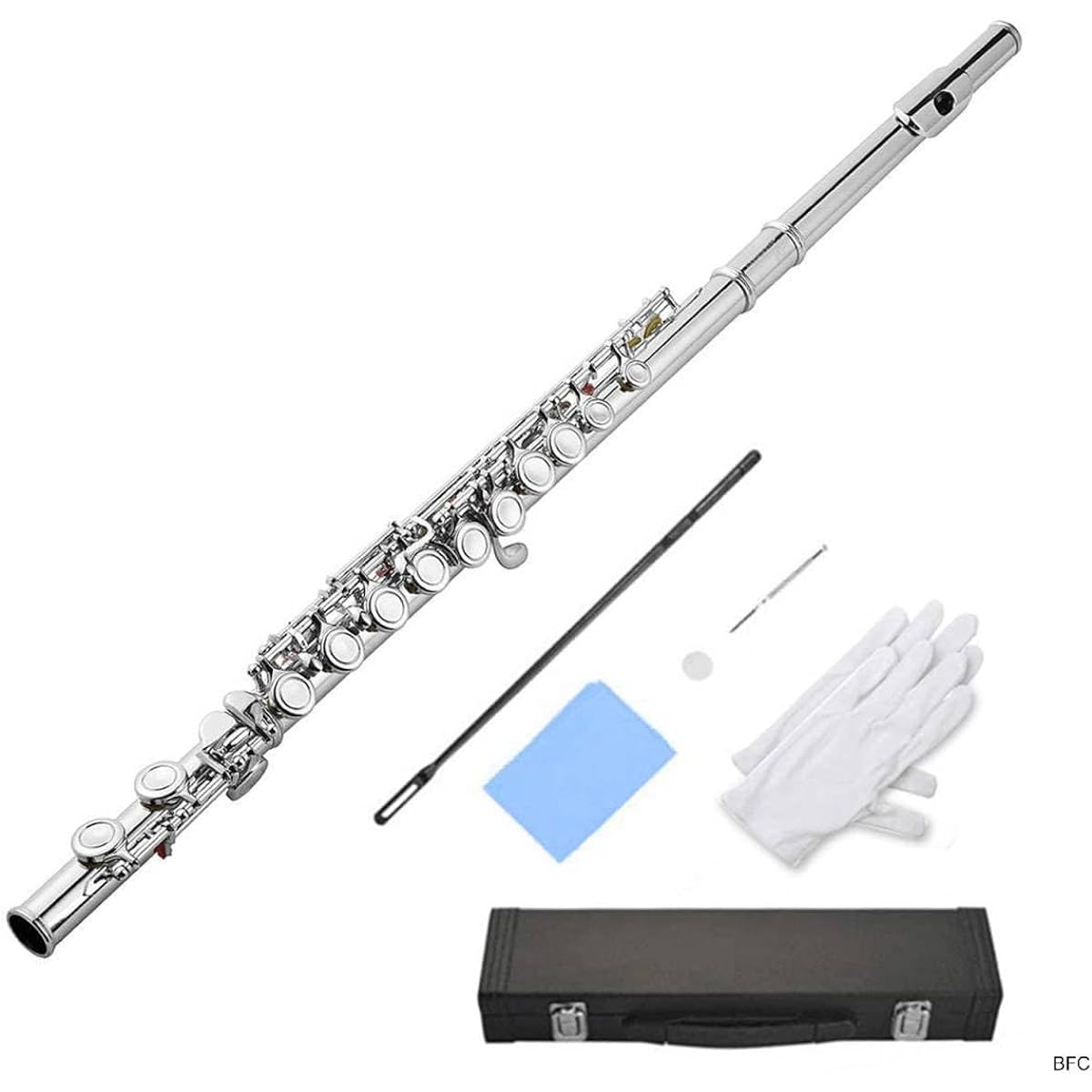 Flute, cupronickel-plated, beginner's set, 16 holes, E mechanism, C key, maintenance supplies, case included