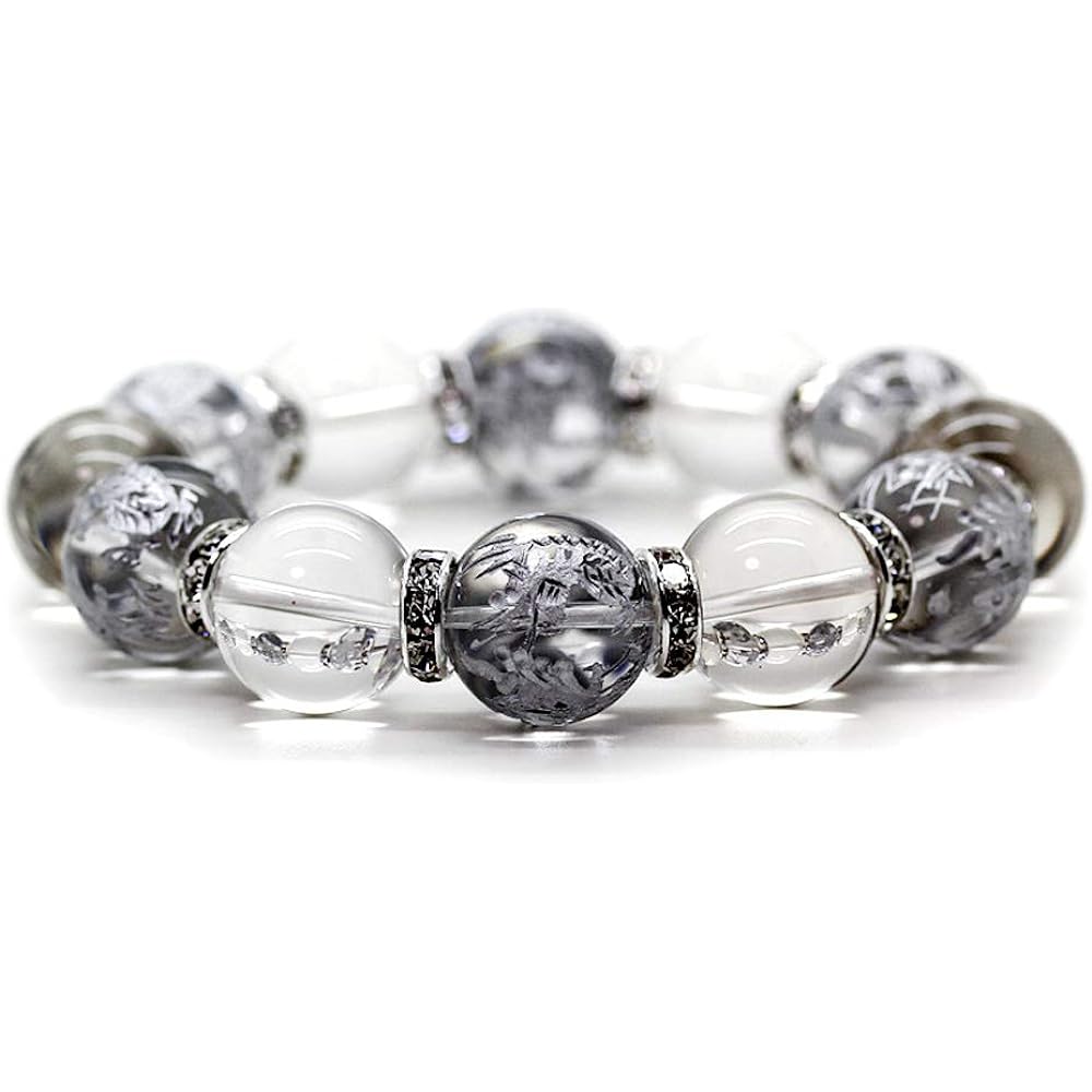 Sekiru Natural Stone Crystal 16mm Silver Engraved Four Divine Beasts Crystal 16mm Prayer Bead Bracelet Money Luck, Work Luck, Wealth Luck [b329]