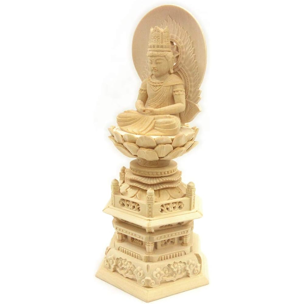 Kurita Specialty Buddha Statue [Tathagata] (Womb World) Dainichi Nyorai Seated Statue 2.0 dimensions (Total Height 23cm, Width 11.5cm, Depth 8.5cm) High quality wood carving made of Japanese cypress, Sunlight back hexagonal stand 5685