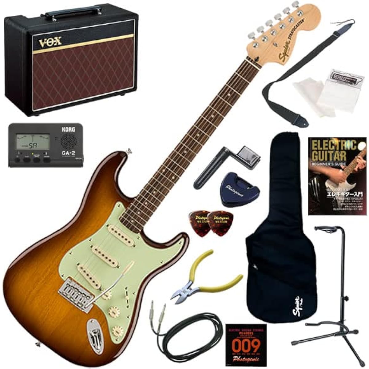 Squier Electric Guitar Beginner's Set: 14-piece set including VOX Pathfinder10, Affinity Stratocaster/HB (Honey Burst)