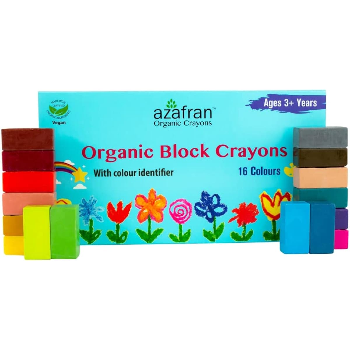 Azafran Organic Crayons Organic Block Crayons, 16 Colours - 120 Grams