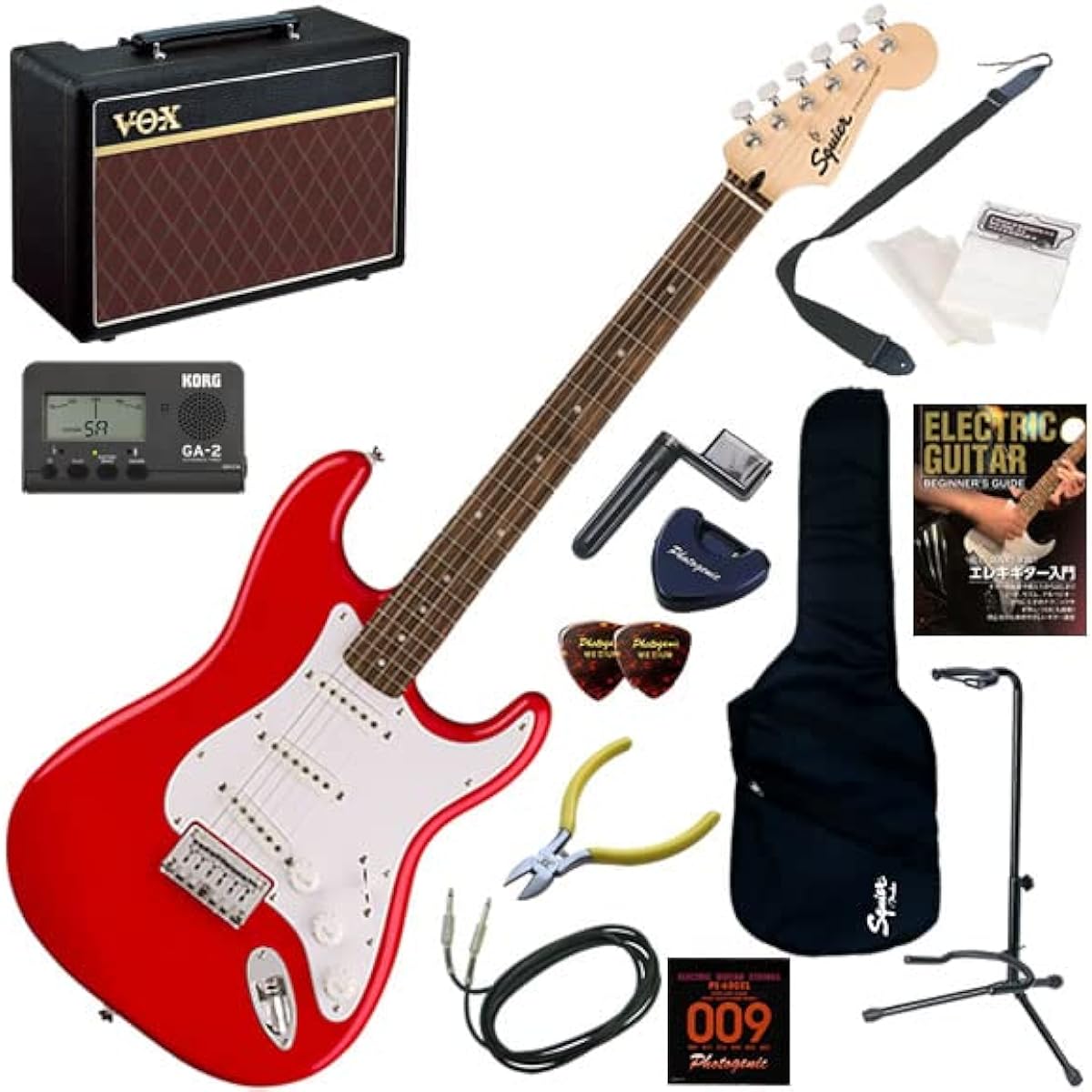 Squier electric guitar beginner's non-tremolo model, authentic 14-piece set including VOX Pathfinder10, Sonic Stratocaster HT/TOR (Torino Red)