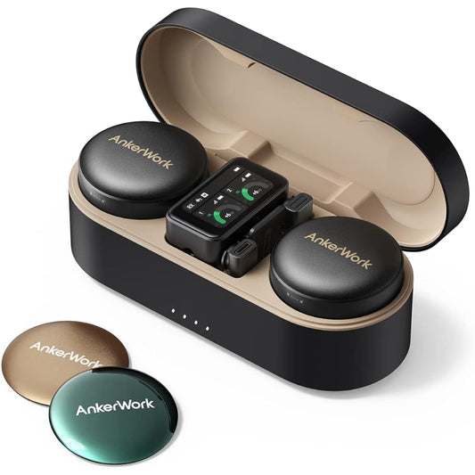 AnkerWork M650 Wireless Microphone Metallic Black Wireless Microphone Lapel Microphone [Noise Reduction/Dual Channel/200m Transmission Distance/Up to 15 Hours Battery/Magnetic Clip/Touch Screen] Live Stream Vlog Interview YouTube TikTok Seminar