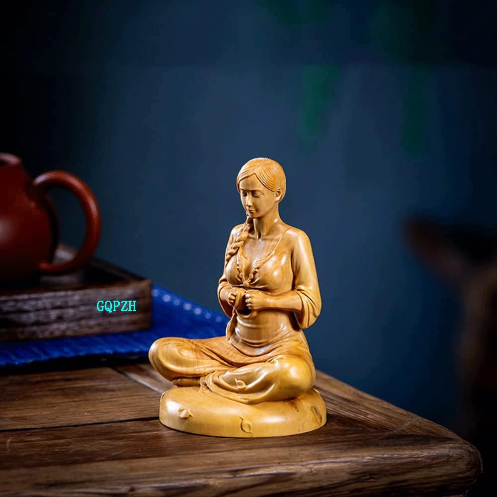 Wood carving ornament, meditative sitting beautiful girl statue, high-quality natural boxwood wood carving female statue, wooden sculpture, ornament, interior object, art object, yellow yang, tsuge, wooden statue, wooden figure collection, strongest good