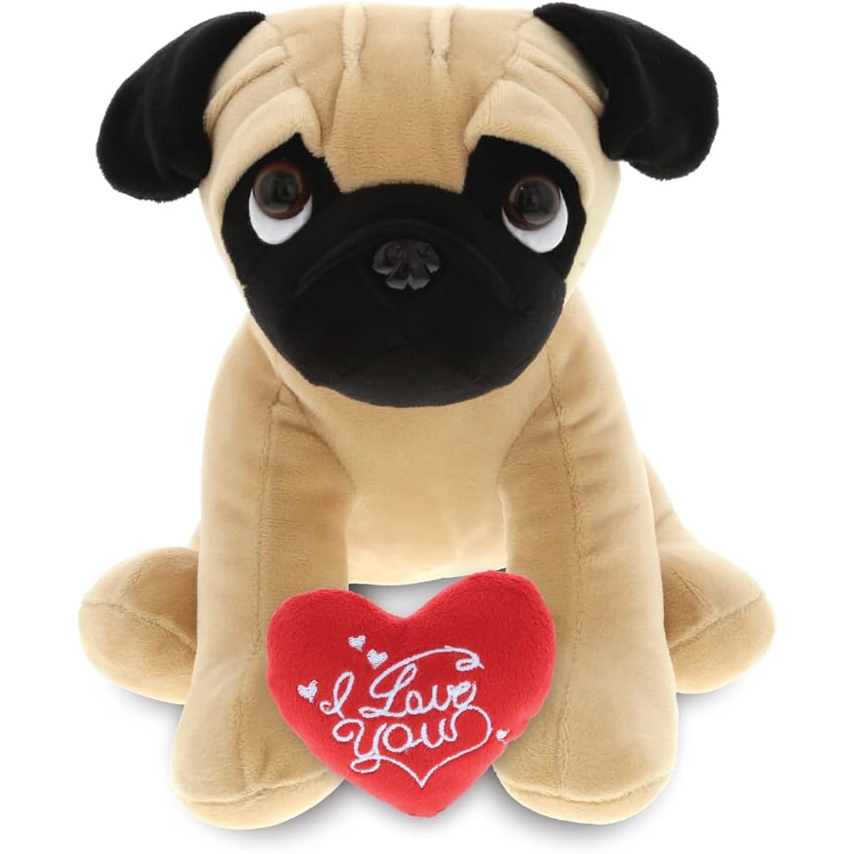 DolliBu Pug Dog I Love You Message Plush Toy 8 Inch Cute Teddy Bear with Heart for Boyfriend or Girlfriend Stuffed Animal Friends Romantic Anniversary Valentine Gift