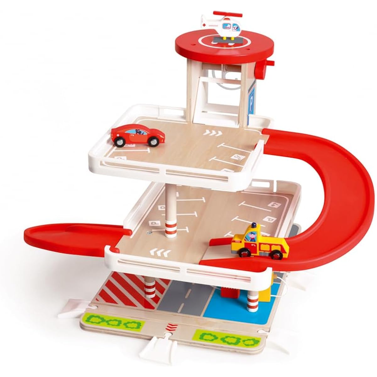 Scratch Wooden Multi-storey Car Park with Elevator Wooden Toy Vehicle Slope Toy 6181085 Authentic