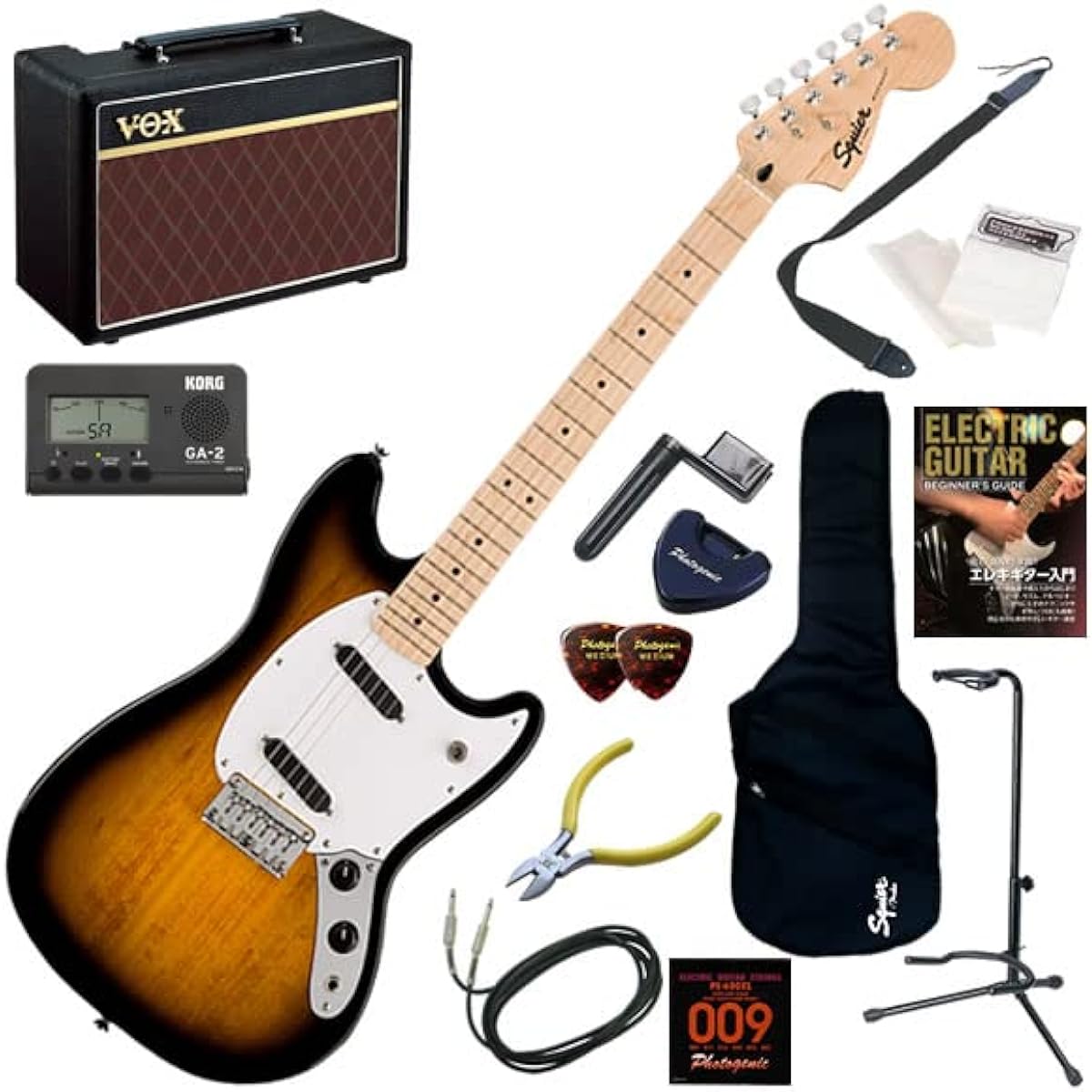 Squier electric guitar beginner's guide short scale 14-piece set including VOX Pathfinder10 Sonic Mustang/2CS (2-color sunburst)
