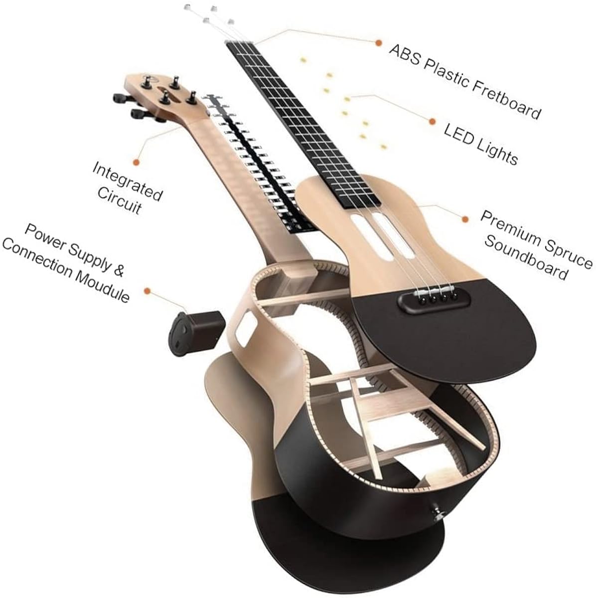 Btuty 23 Inch Smart Concert Ukulele with App Teaching Function, Carbon Fiber Body, ABS Fingerboard with LED Light for Beginners (Spruce Wood Panel)
