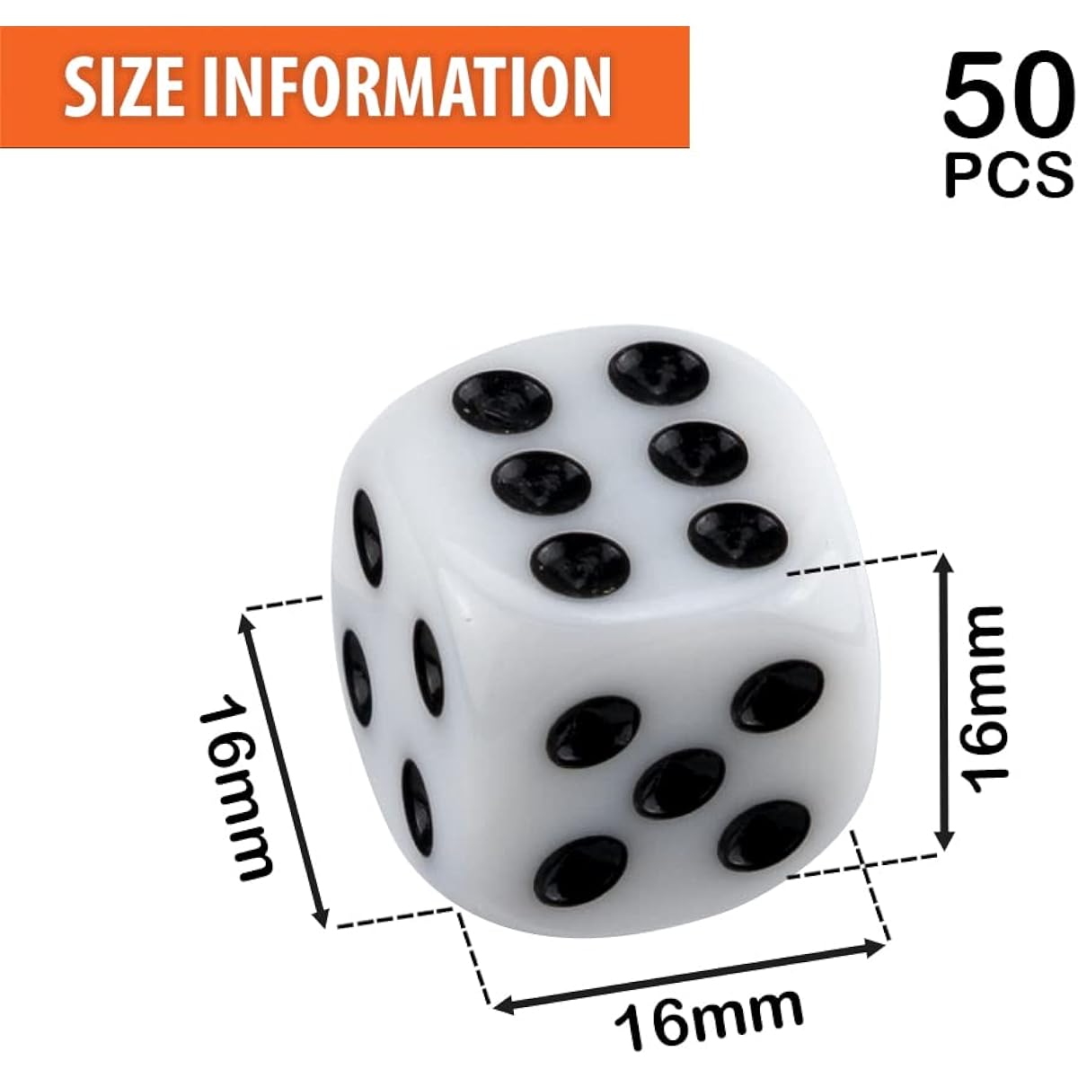 50 Pack 16mm White Dice Set Acrylic Rounded 6 Sides D6 Dice Cubes Black Pip Dots for Board Games Party Fun DIY